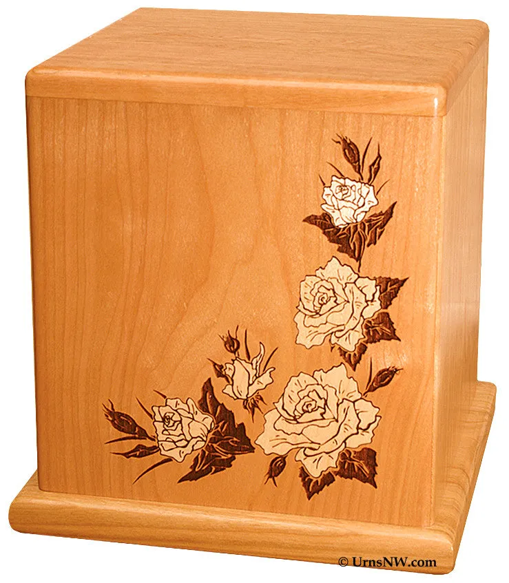 White Roses Cherry Wood Cremation Urn