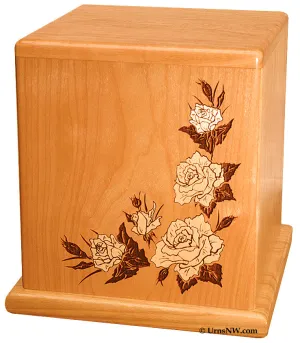 White Roses Cherry Wood Cremation Urn
